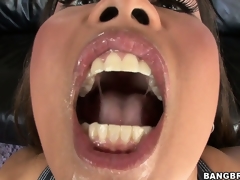 She sighs with pleasure as he finally unloads his cum inside her mouth